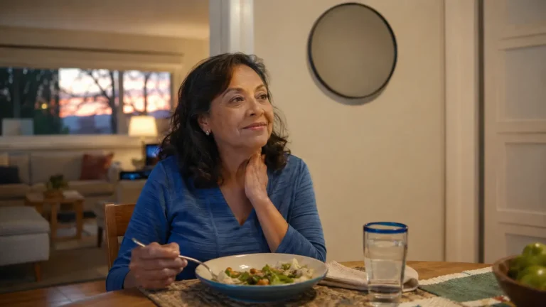 Mujer adulta cenando temprano y permaneciendo sentada para prevenir el reflujo nocturno