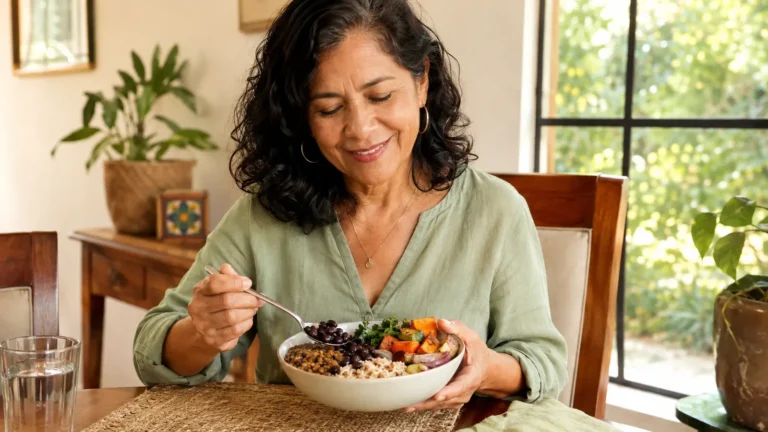 Plato de frijoles y vegetales servido en una mesa familiar saludable