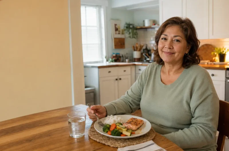 Mujer adulta disfrutando una cena ligera de salmón, arroz y vegetales en casa