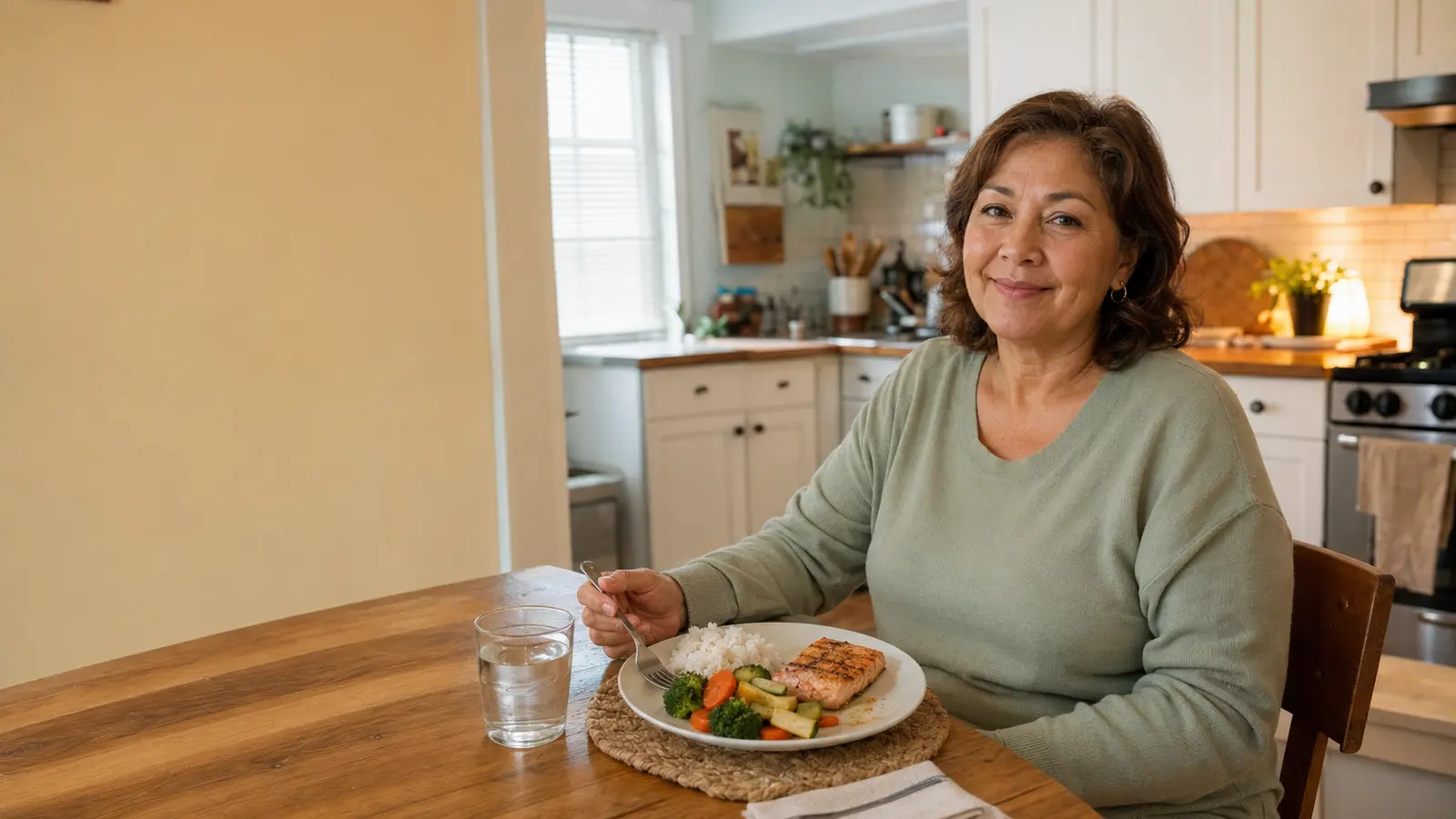 Mujer adulta disfrutando una cena ligera de salmón, arroz y vegetales en casa