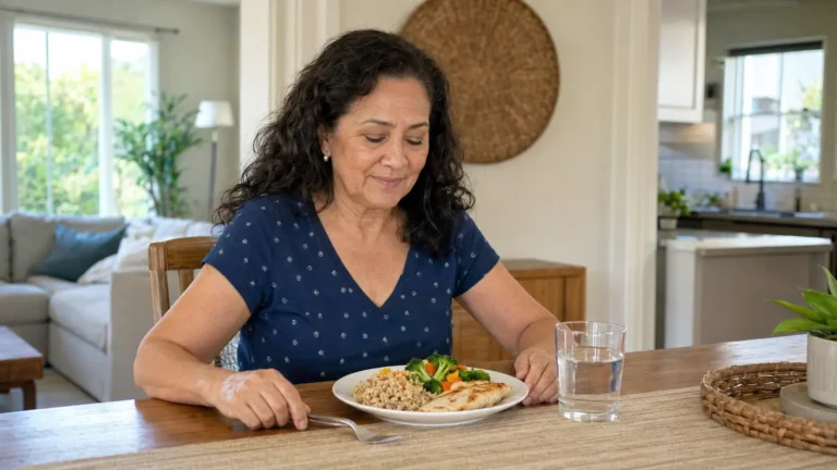 Mujer comiendo lentamente una porción pequeña para reducir gases y presión abdominal