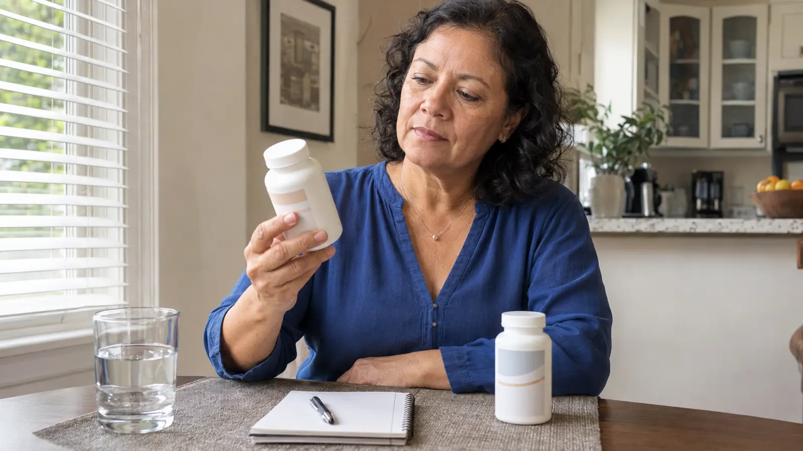 Mujer adulta comparando las etiquetas de dos suplementos probióticos en una mesa de cocina