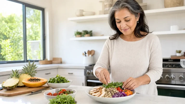 Mujer preparando una comida saludable mientras aprende sobre enzimas digestivas