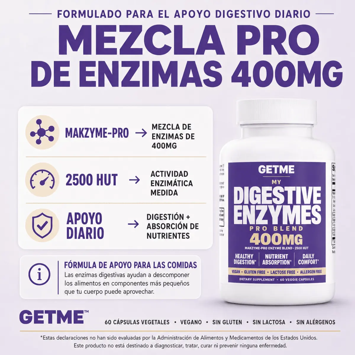 GETME Digestive Enzymes Pro Blend con mezcla de enzimas de 400 mg y 2500 HUT