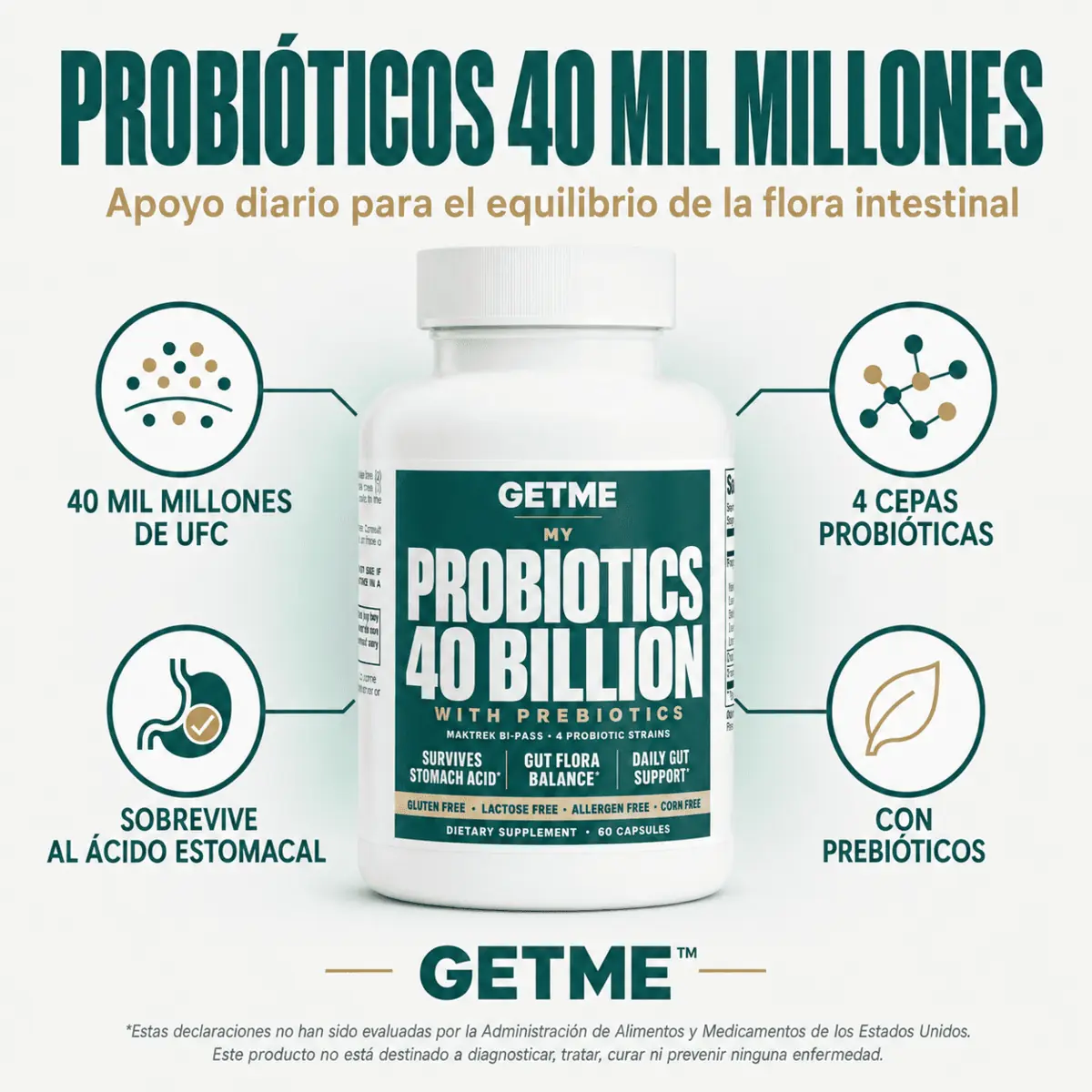 GETME Probióticos 40 mil millones con 4 cepas y prebióticos