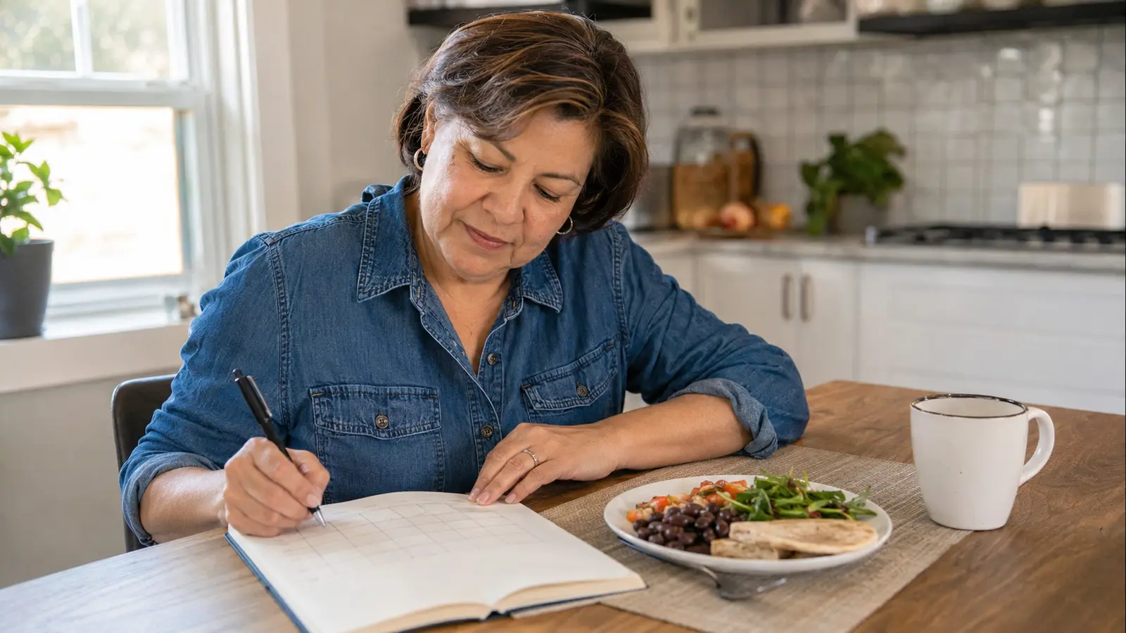 Mujer anotando en un diario los alimentos y síntomas de indigestión después de comer