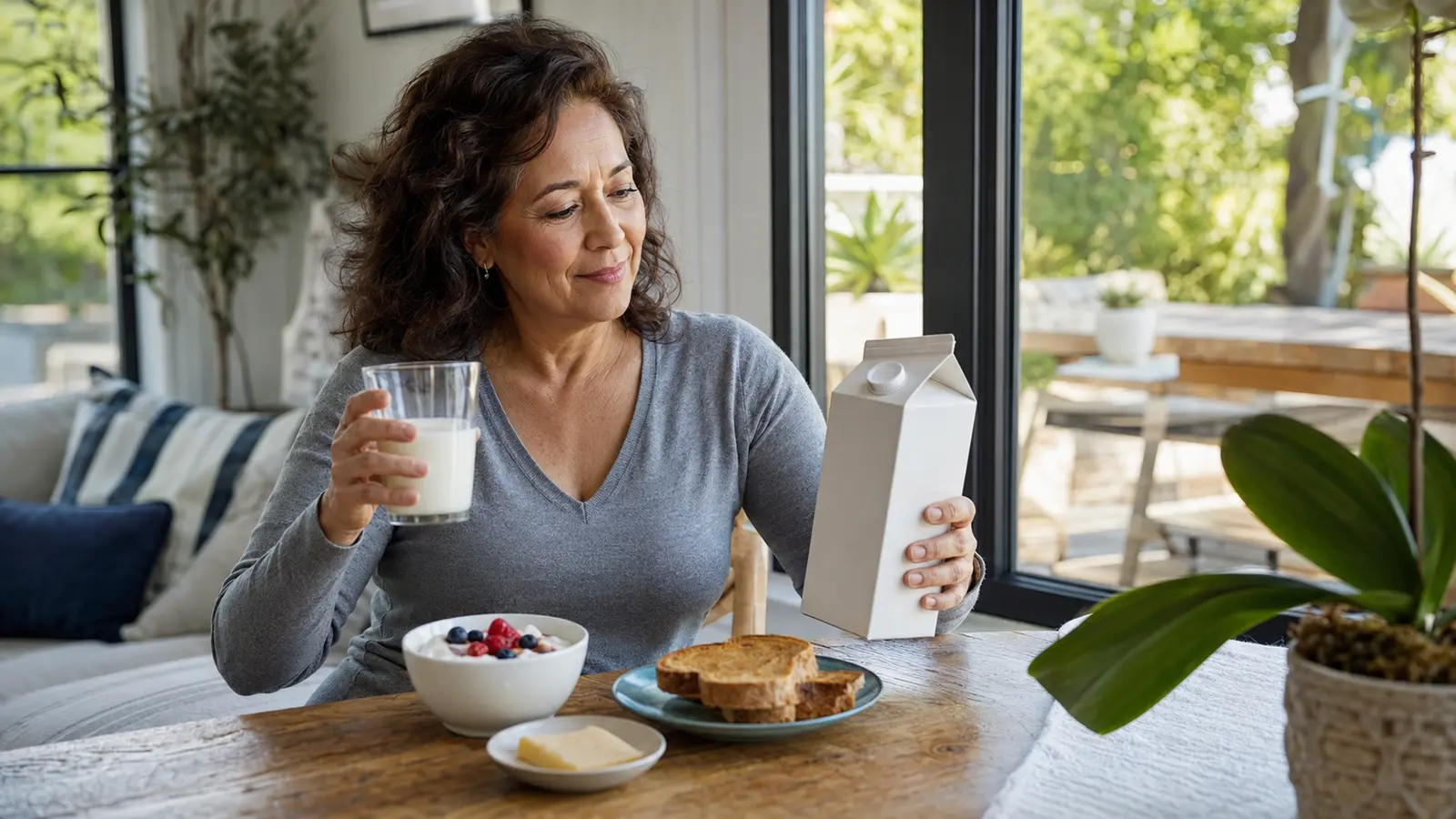 Yogur, leche y queso junto a una mujer adulta preparando un desayuno con lácteos