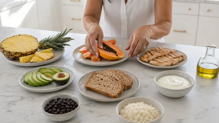 Piña, papaya, aguacate y alimentos variados que representan distintos tipos de enzimas digestivas