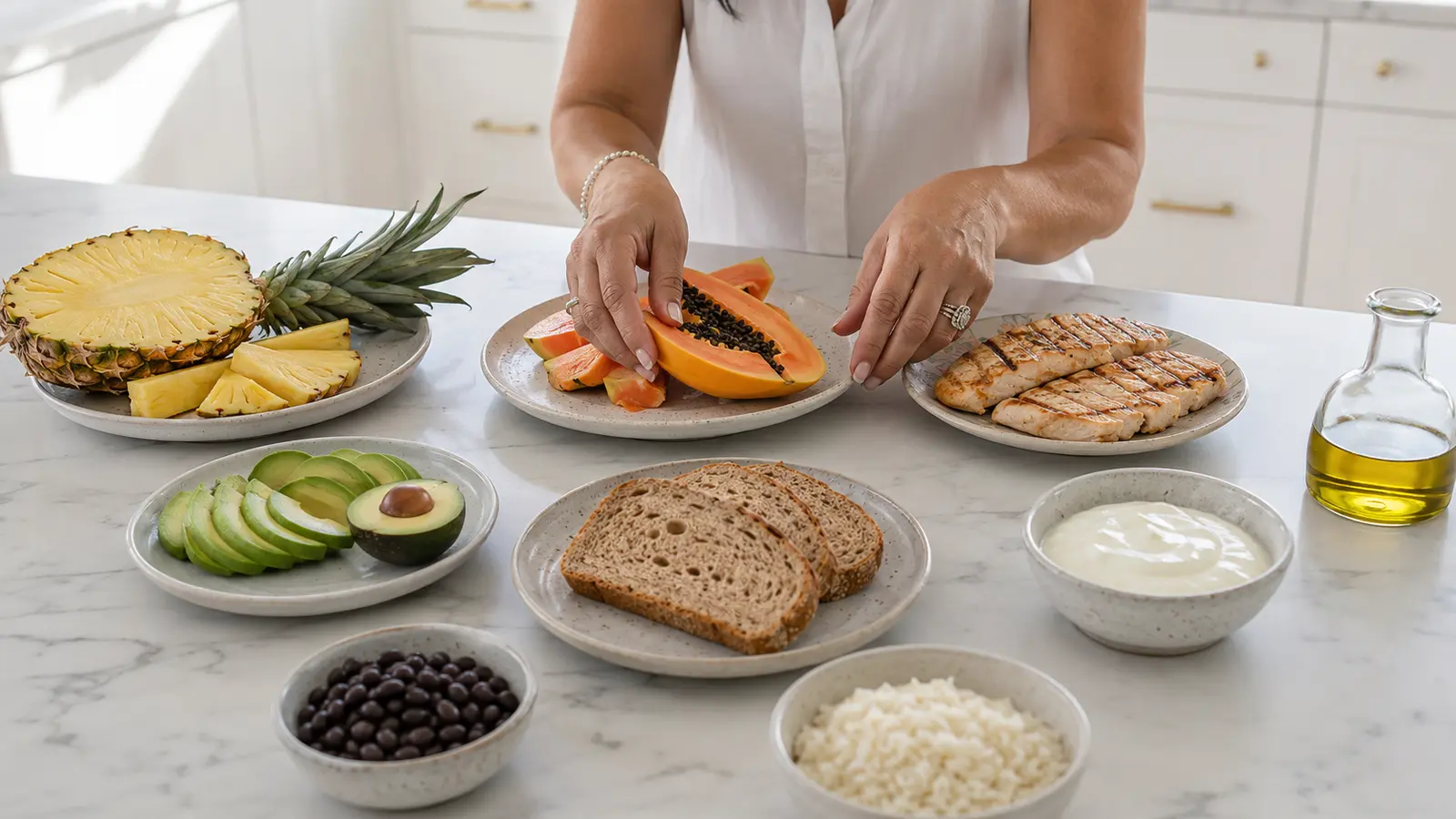 Piña, papaya, aguacate y alimentos variados que representan distintos tipos de enzimas digestivas