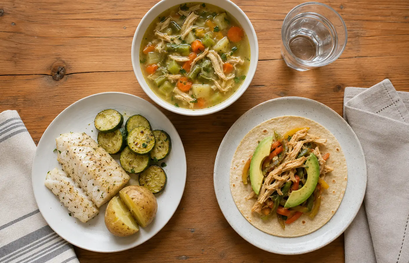 Tres cenas ligeras caseras: sopa de pollo, pescado con vegetales y taco suave de pollo