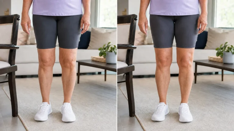 Comparación ilustrativa de las piernas de una mujer mayor antes y después de fortalecerlas