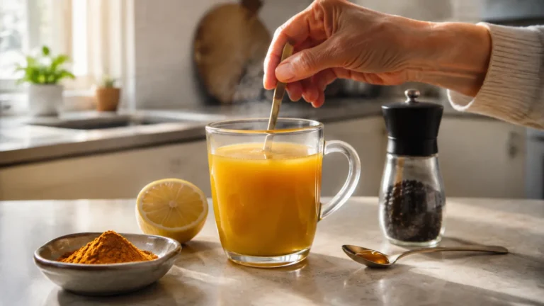 Bebida tibia de cúrcuma, limón, miel y pimienta negra preparada en casa