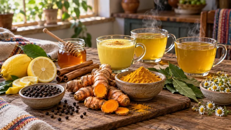 Infusiones de cúrcuma con pimienta negra, limón, canela, laurel, miel, manzanilla y leche dorada
