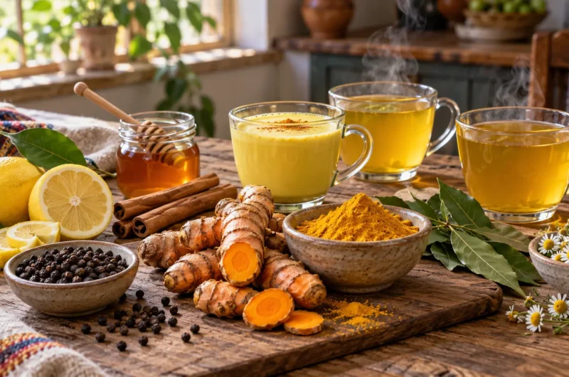 Infusiones de cúrcuma con pimienta negra, limón, canela, laurel, miel, manzanilla y leche dorada
