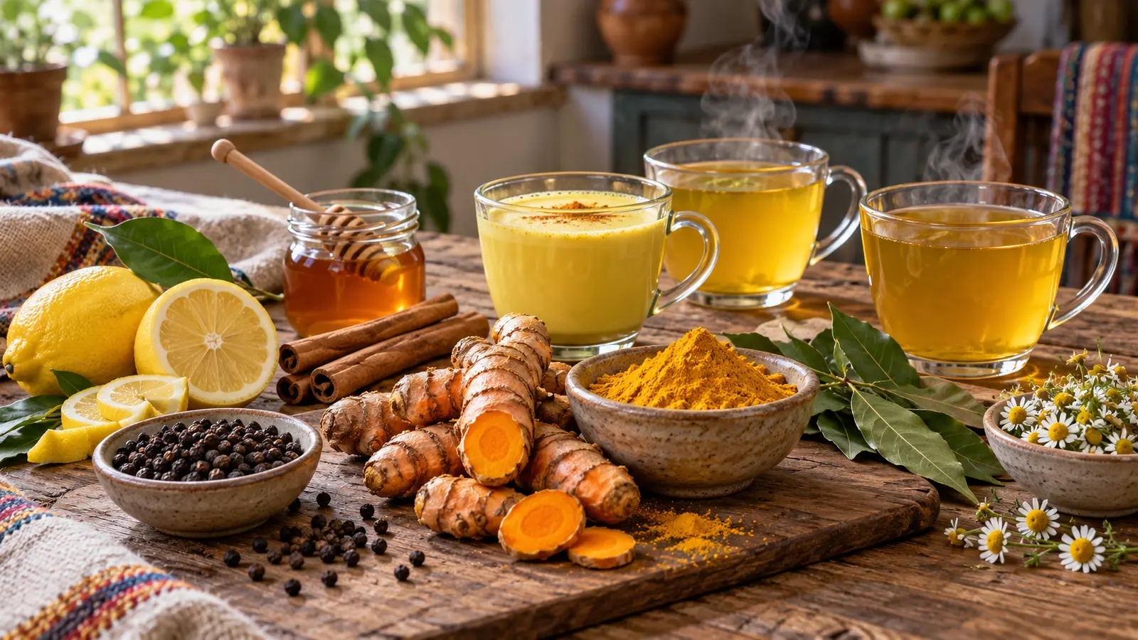 Infusiones de cúrcuma con pimienta negra, limón, canela, laurel, miel, manzanilla y leche dorada