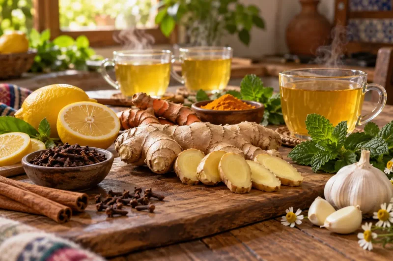 Infusiones de jengibre con clavo, limón, cúrcuma, canela, hierbabuena, ajo y manzanilla
