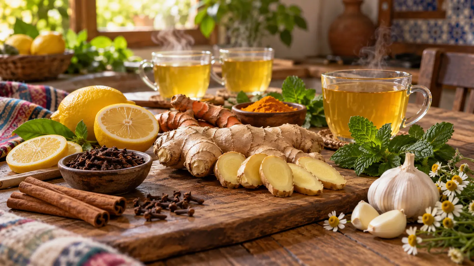 Infusiones de jengibre con clavo, limón, cúrcuma, canela, hierbabuena, ajo y manzanilla